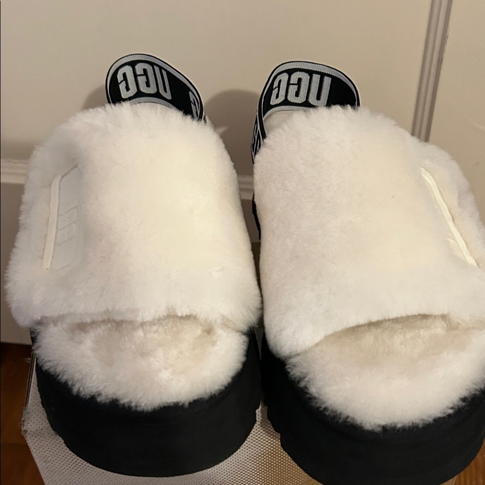 UGG White Fluffy Slides with Black Soles